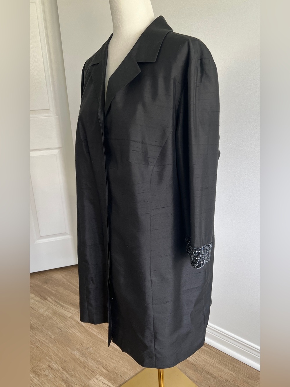 Vintage Y2K Black Silk Evening Coat • Beaded Sleeves • Special Occasion Jacket - Picture 8 of 14